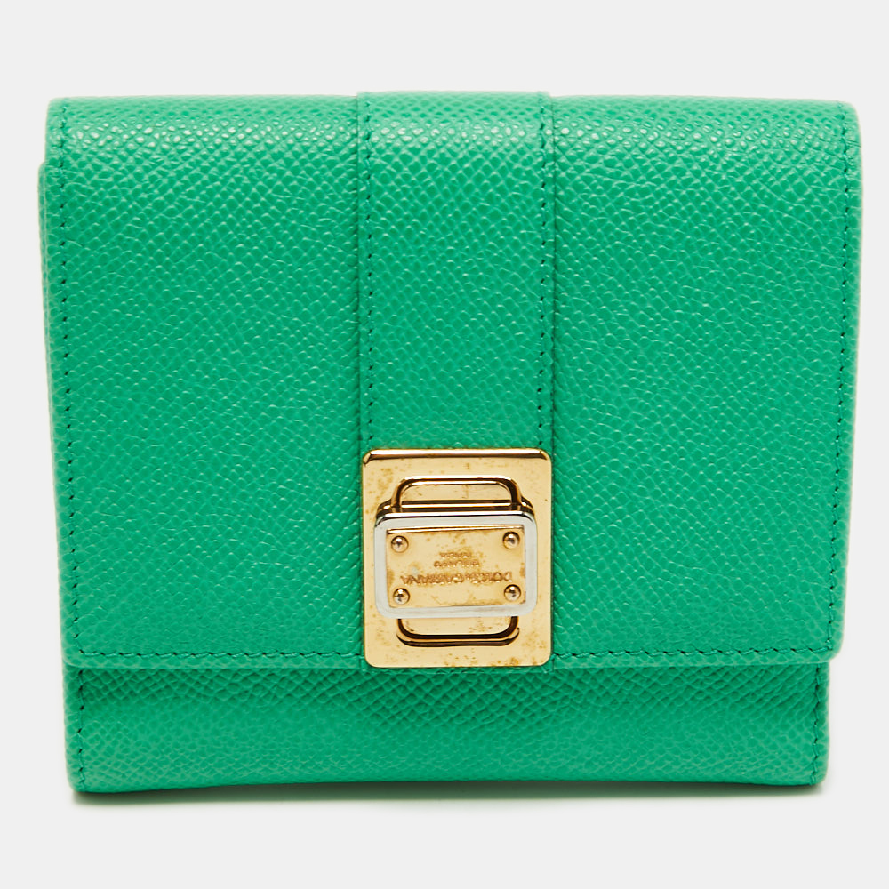 DOLCE & GABBANA Green Leather Trifold Compact Wallet - Picture 1 of 8